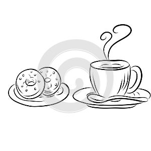 Vector illustration of cup of coffee and donut. Light snack. Have a break