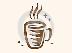 Vector illustration of a cup of coffee or tea in retro style. Vintage logo of hot drink for cafe. Vector icon of coffee or tea mug