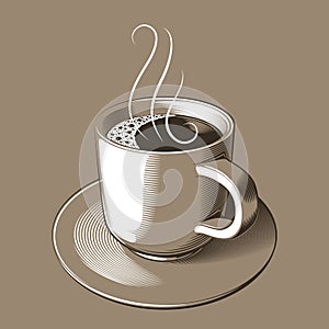 Vector illustration - a cup of hot coffee with foam and rising steam, on a saucer