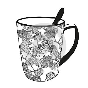 Vector illustration of a cup for hot tea or coffee with gray monstera leaves pattern and a spoon on a white background