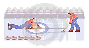 Vector illustration of a curling game with players on an ice stadium.