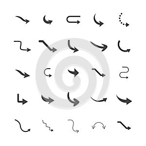 Vector illustration of curved arrow icons. 25 curved arrow icons set