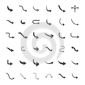 Vector illustration of curved arrow icons. 36 curved arrow icons set