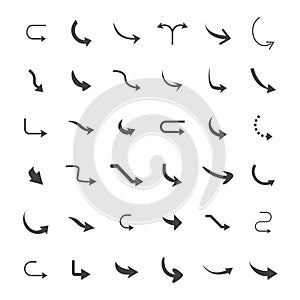 Vector illustration of curved arrow icons. 36 curved arrow icons set