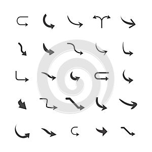 Vector illustration of curved arrow icons. 25 curved arrow icons set