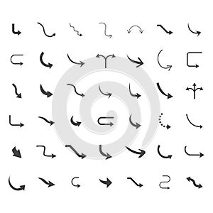 Vector illustration of curved arrow icons. 36 curved arrow icons set