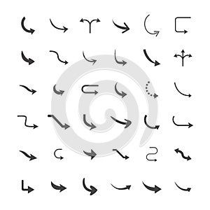 Vector illustration of curved arrow icons. 36 curved arrow icons set