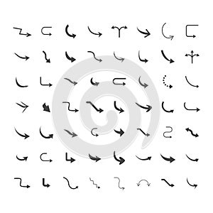 Vector illustration of curved arrow icons. 56 curved arrow icons set