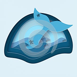 Vector illustration in cut paper style with sea waves and whale tail.