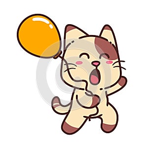 Happy Brown Cat Play Yellow Balloon Carnival Flat Design Cute Adorable