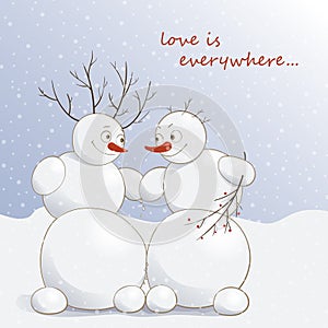 Vector illustration of cute amorous snowmen under the snow