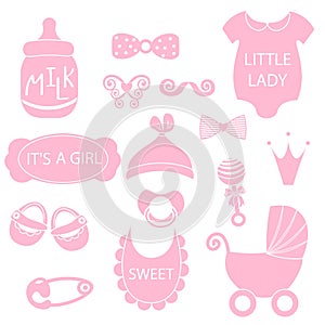A vector illustration of cute baby girl icons like nappy pins, pacifier and baby toys. pink silhouette Hipster photo
