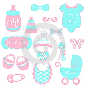 A vector illustration of cute baby girl icons like nappy pins, pacifier and baby toys. pink and turquoise silhouette