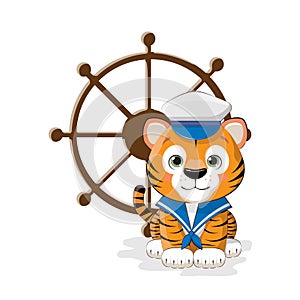 Vector illustration of a cute baby tiger mariner at the helm