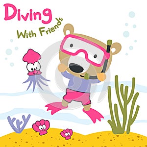 Vector illustration of cute bear in snorkel mask diving in the sea. Can be used for t-shirt print, Creative vector childish