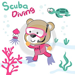 Vector illustration of cute bear in snorkel mask diving in the sea. Can be used for t-shirt print, Creative vector childish