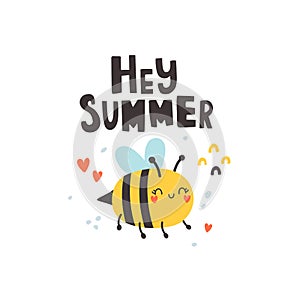 vector illustration of cute bee and hey you text