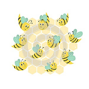Vector illustration cute bees. Set of simple bees for kids decorations, books and activities Creative honey composition for cards