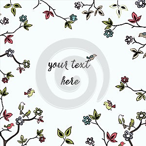Vector illustration of cute birds on the twigs on white background