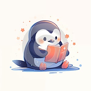 Vector illustration of a cute blue penguin smiling and sitting on the floor happily reading his favorite book. This picture can