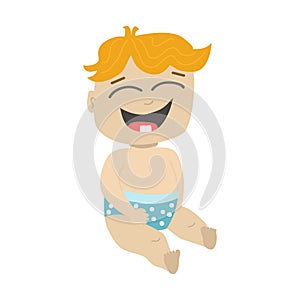 Vector illustration of a cute boy laughs. A child 6, 7, 8 months who has grown two teeth laughs