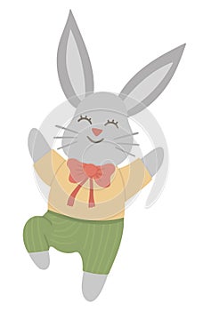 Vector illustration of cute bunny jumping with joy isolated on white background.