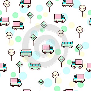 Vector illustration of the cute bus, car with the funny faces seamless pattern. Trendy Kawaii emoticons for print