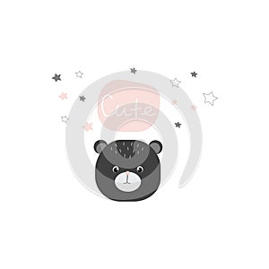 Vector illustration with a cute cartoon bear and the word ``Cute