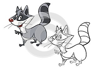 Vector Illustration of a Cute Cartoon Character Raccoon  for you Design and Computer Game. Coloring Book Outline Set