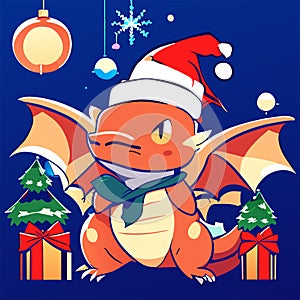 Vector illustration of a cute cartoon dragon in a Santa Claus hat. Generative AI
