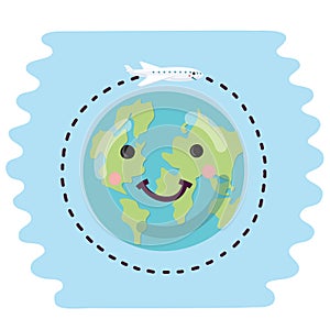 Vector illustration of cute cartoon earth and plane moving around with smiling faces.