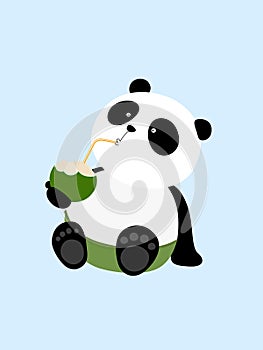 Vector Illustration: A cute cartoon giant panda is drinking coconut milk in summer vacation, sitting on the ground.