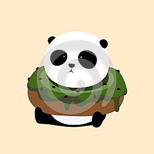 Vector Illustration: A cute cartoon giant panda is sitting on the ground, with a big matcha green tea doughnut.