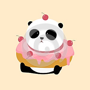 Vector Illustration: A cute cartoon giant panda is sitting on the ground, with a big pink strawberry / cherry flavor doughnut