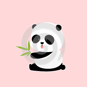 Vector Illustration: A cute cartoon giant panda is sitting on the ground, sticking tongue out, with a branch of bamboo leaves