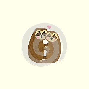 Vector illustration of cute cartoon hanging sloths. Animals n love. Happy Valentine`s day.