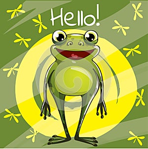 Vector illustration of cartoon frog. Hello.