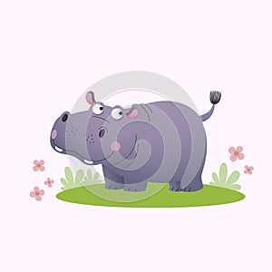 Vector illustration cute cartoon hippopotamus on green grass