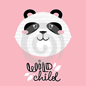 Vector illustration of a cute cartoon panda bear face signed wild child