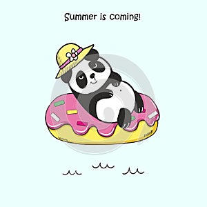 Vector illustration of cute cartoon panda swimming on pool ring inflatable donut among the sea isolated on deep blue background