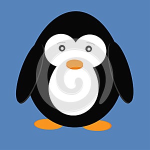Vector illustration of cute cartoon penguin isolated on blue background. Animal from the cold continent, the Arctic inhabitant.