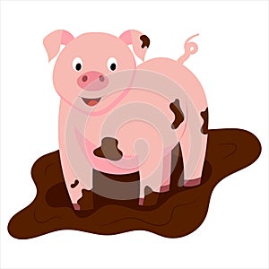 vector illustration of a cute cartoon pig standing in the mud