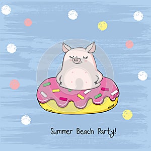 Vector illustration of cute cartoon pig swimming on pool ring inflatable pink donut among the sea isolated on a blue  scratch