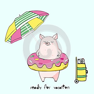 Vector illustration of cute cartoon piggy with ring inflatable donut, fashion print for summer t shirt with lettering ready for