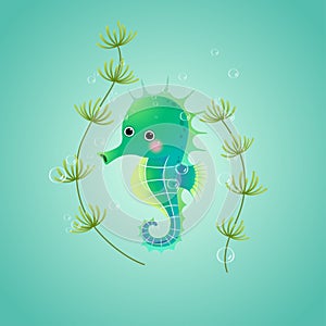 Vector illustration cute cartoon seahorse underwater in the sea