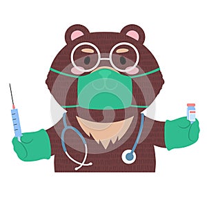 Vector illustration of a cute cartoon teddy bear in a face mask with a syringe and vial of medicine
