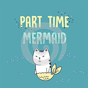 Vector illustration of cute cat mermaid under water, sketch brushes, crayons graphic imitation, fashion print for t shirt
