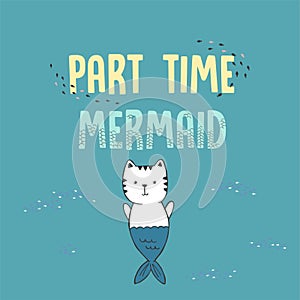 Vector illustration of cute cat mermaid under water, sketch brushes, crayons graphic imitation, fashion print for t shirt