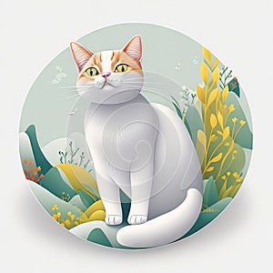 Vector illustration of a cute cat sitting on the grass in a round frame