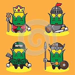 Vector illustration of cute Corn King, Knight and Soldier cartoon set.